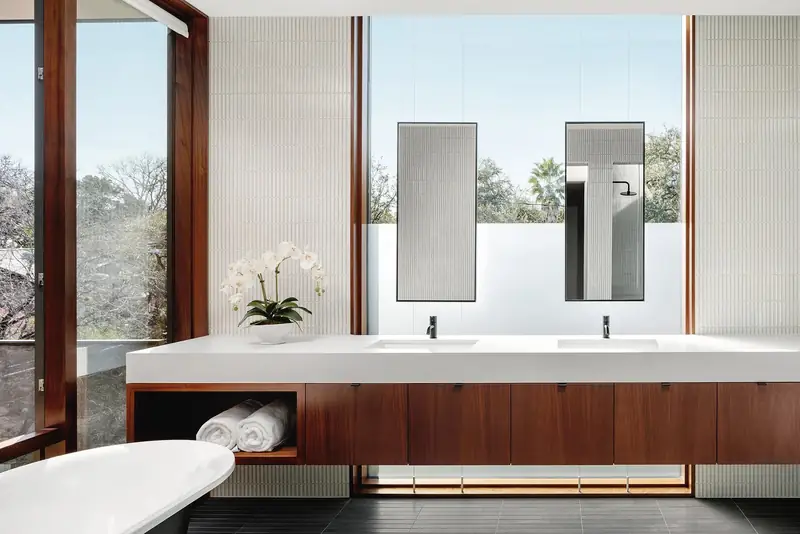 Double vanity bathroom with wood cabinetry, Casa Retama
