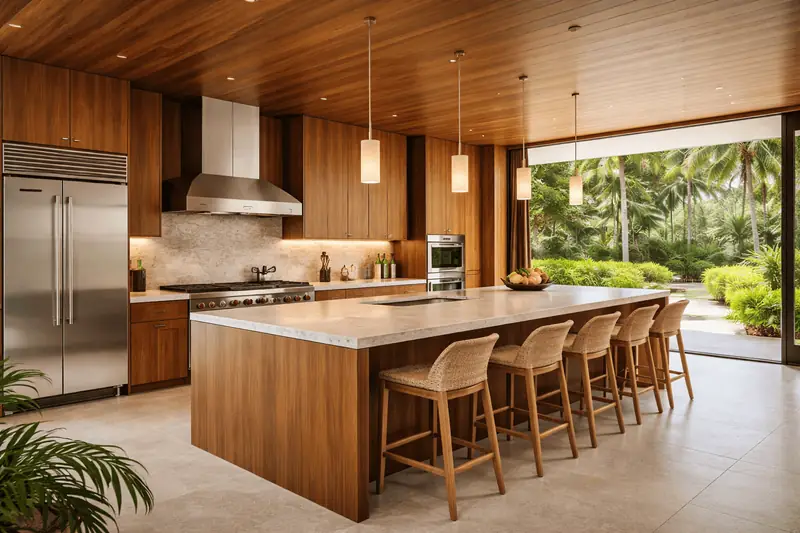 Kitchen with wood island and bar stools open to the garden, Maison Vero