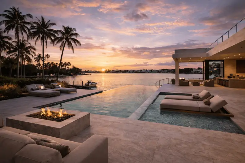 Pool terrace and fire pit at sunset overlooking the bay, Mare Vista