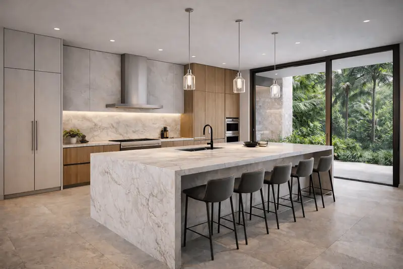 Kitchen with stone waterfall island and counter seating, Maremar