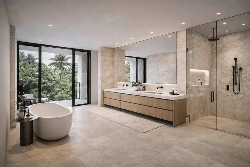 Primary bathroom with freestanding tub and double vanity, Maremar