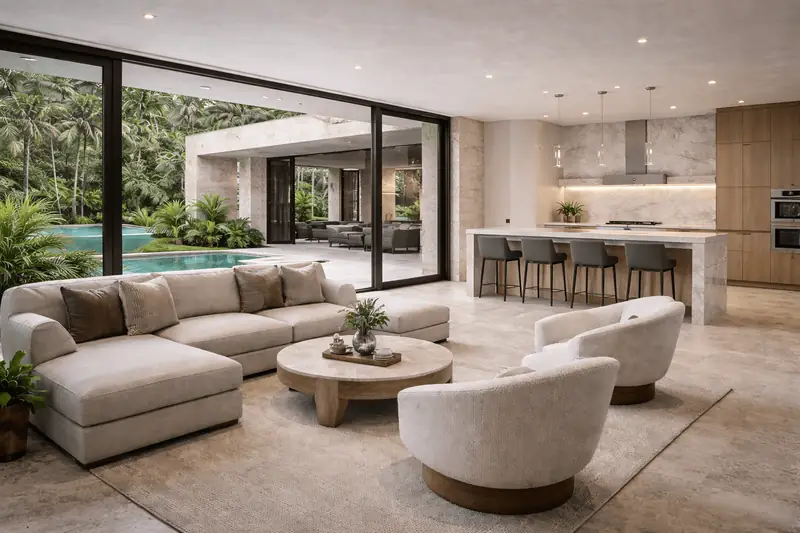 Great room with curved sofas and open kitchen, Maremar