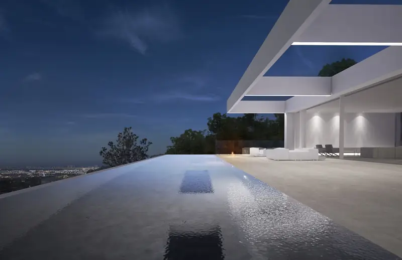 Quarry House rendering: reflecting pool and cantilevered overhang at dusk