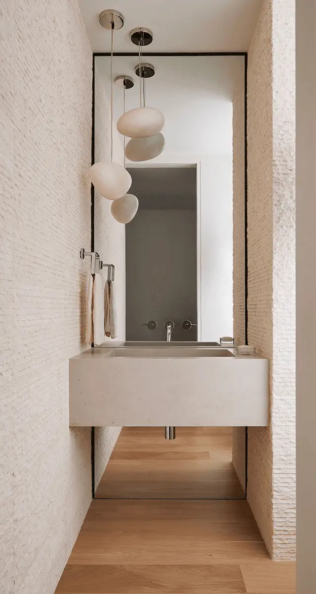 Narrow stone-clad powder room, Stone Haven